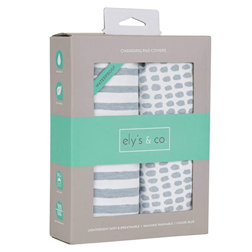 Ely’s & Co. Patent Pending Waterproof Changing Pad Cover|Cradle Sheet 2-Pack Set for Baby Boy - 100% Cotton, Jersey Knit Cotton Sheets with Waterproof Lining — Misty Blue, Stripes and Splashes