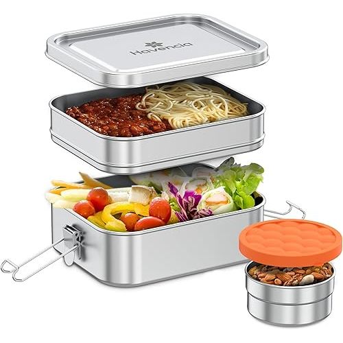 Stackable Stainless Steel Bento Box with Snack Container, 47oz/1400ml - Stainless Steel Lunch Box, Metal Bento Box for Kids & Adults, Eco-Friendly with Compartments for School, Work & Travel