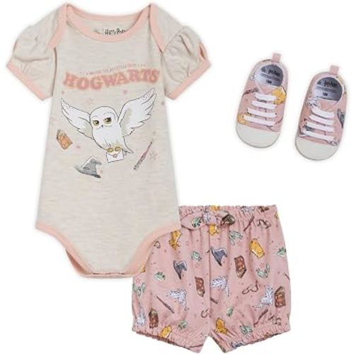 Harry Potter Baby Bodysuit, Shorts and Shoes 3 Piece Outfit Set Newborn to Infant Sizes (0-3 Months - 24 Months)