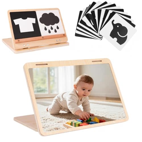 Tummy Time Mirror Large Baby Mirror Toy and Card Display Stand with Black and White High Contrast Baby Cards Double-Sided Design Adjustable Angle Montessori Mirror