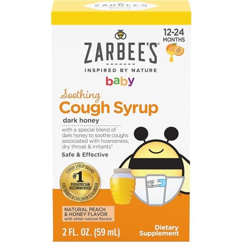 Zarbee's Baby Soothing Honey Cough Syrup for Babies 12-24 Months, Safe & Effective Cough Syrup with Soothing Dark Honey for Occasional Coughs, Drug & Alcohol-Free, Peach & Honey, 2 fl. oz