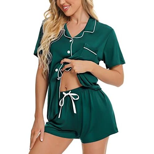 SWOMOG Womens Button Down Pajamas Set Short Sleeve Sleepwear Bride Soft Pj Lounge Sets XS-3XL