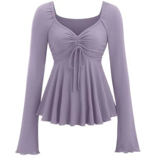 SOLY HUX Women's Peplum Tops Long Sleeve Babydoll Shirts Y2k Cute Tie Front Sweetheart Neckline Top
