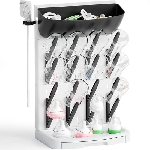 SuoXing Vertical Baby Bottle Drying Rack with Brush- Hold 16 Bottles - Large Breast Pump,Bottle Dryer Rack for Kitchen Countertop,Space Saving Bottle Stand Holder for Pacifiers,Pump Accessories,Grey