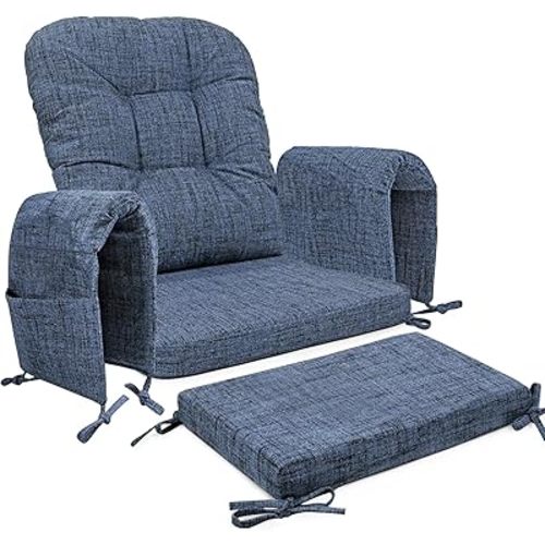 SINOSSO Glider Rocker Cushion Set (5 Pcs), Soft Blended Fabric High-Density Support Foam Seat Cushions with Ties, Fits Rocking Chair/Nursery Glider & Ottoman, Blue