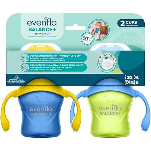 Evenflo Balance+ Trainer Cups for Baby, Blue and Green with Ergonomic Handles, 5oz, 2 Pack, Ultra Soft Spout, 6+ Months