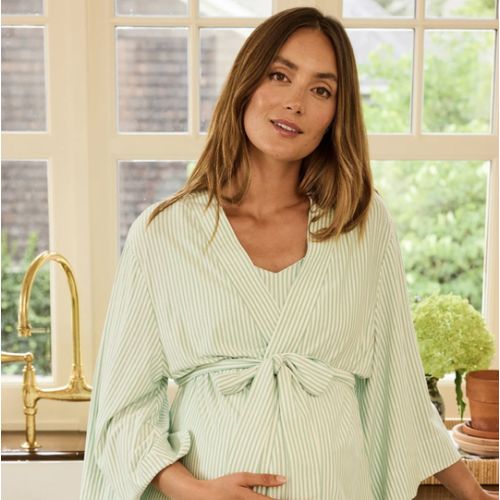 LAKE | DreamModal Pajamas | Parisian Green Pencil Stripe Maternity Kimono Bundle