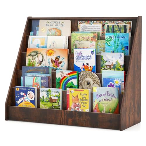 Costzon 5-Tier Kids Bookshelf, Wooden Children Bookcase, Toddler Book Rack, Magazine Storage & Display Shelf, Book Shelf for Kids Room, Living Room, Nursery, Classroom (Brown)