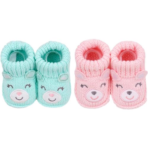 2 Pairs Baby Booties Newborn First Walkers Cozy Shoes Warm Knit Soft Booties for Toddler Infant Boy Girl, 0-3 Months