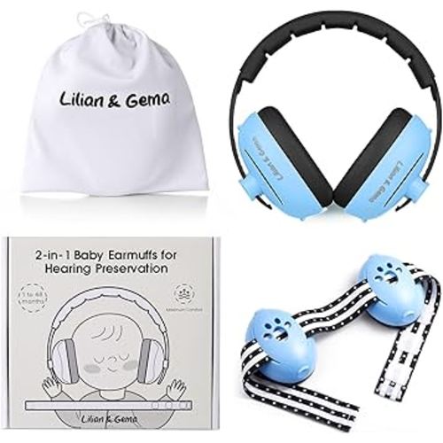 Lilian&Gema 2-in-1 Baby Ear Muffs Noise Protection up to 48 Months - Baby Airplane/Travel Essentials - Adjustable Noise Reduction Earmuffs - Ear Protection Headphones for Infant & Toddler, Black