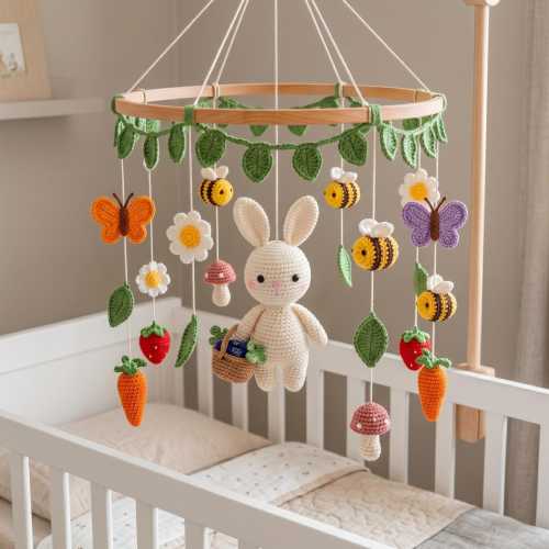 Crochet Bunny Baby Mobile:Woodland Nursery Crib Mobile,Handmade Baby Shower Gift,Rabbit Bee Butterfly Nursery Decor,Personalized Baby Mobile