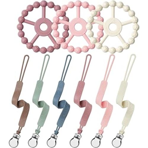 3 Silicone Ring Teether and Pacifier Clip, Seposeve Pack of 6 Baby Pacifier Teether Clip for Babies 0-6 Months, Teething Ring Toys, Keeps Teethers Clean, 6-12 Months 12-24 Months