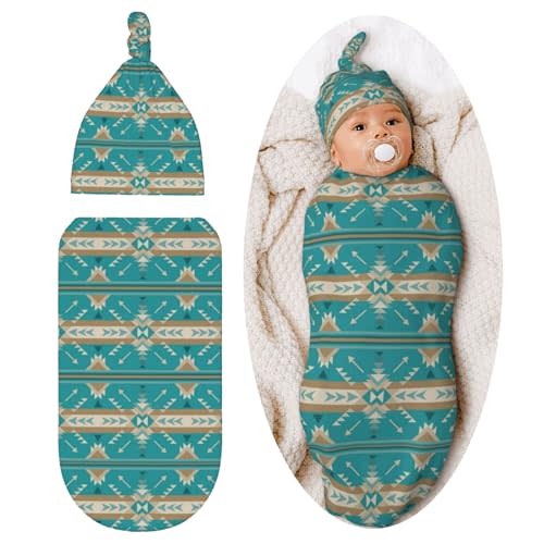 Western American Aztec Navajo Baby Stuff Newborn Swaddle Blanket Baby Swaddling Blanket with Beanie Set Soft Sleeping Sack for Unisex Girls Boys