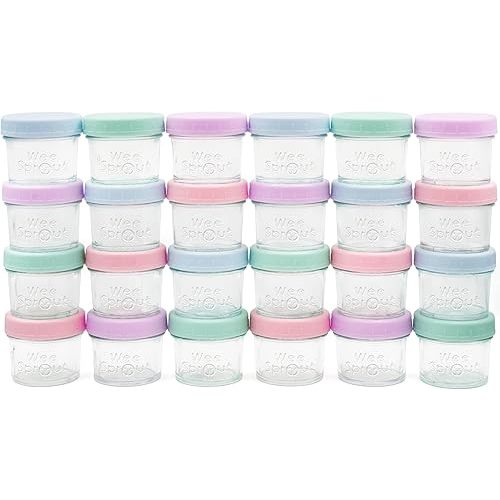 WeeSprout Baby Food Storage Glass Jars w/Lids (4 oz, 24 Pack) Pastel Variety, Snack, Reusable Small Containers, Fridge or Freezer, Microwave & Dishwasher Safe, Essentials for Infants