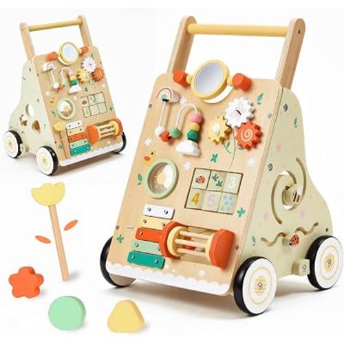 Wooden Baby Push Walker for 1 Year Old, Montessori Wood Walking Toy