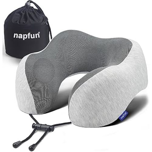 napfun Neck Pillow for Traveling, Upgraded Travel Neck Pillow for Airplane 100% Pure Memory Foam Travel Pillow for Flight Headrest Sleep, Portable Plane Accessories, Light Grey