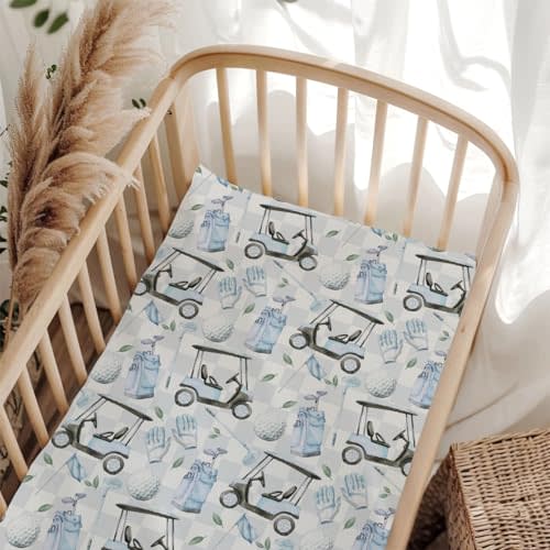 Golf Cart Gloves Bag Flag Blue Plaid Baby Crib Sheet for Boys Girls 52x28Inch Golfing Gear Sport Baby Sheet for Standard Crib and Toddler Bed Mattress Golfs Lovers Gift Nursery Bed Mattress