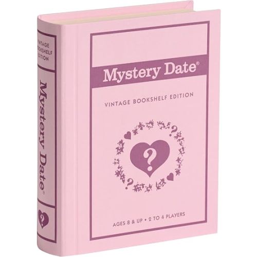 WS Game Company Mystery Date Vintage Bookshelf Edition - Classic Dating Board Game in Linen-Wrapped Book Case with Retro 1965 Design, Family and Party Game for 2-4 Players, Ages 8+