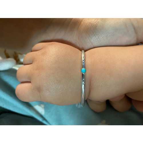 Sterling Silver Baby Cuff Bracelet with 3mm turquoise & Floral Ends – Infant Protection Bracelet, Newborn Gift