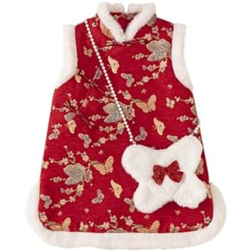 Baby Girl Chinese New Year Qipao Dress 2 Pieces Zip Up Thickening Dresses with Decorative Charm