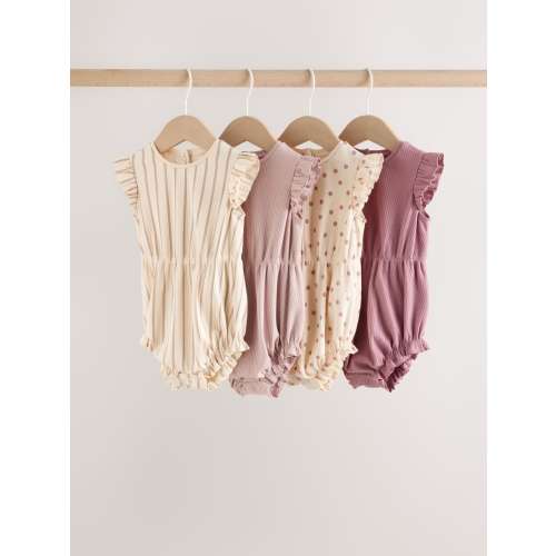 Pink Tonal Spot and Stripe Frill shoulder Baby Rompers 4 Pack