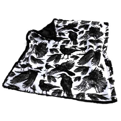 Raven Gift Blanket for Adult Embroidered Baby Blanket, Custom Minky Blanket, Gothic Bird Plush Throw with Satin Ruffle Option