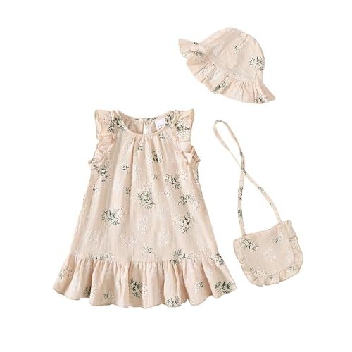 SODLON Baby Girl Dress Summer Clothes Infant Floral Boho Dresses Ruffle Linen Toddler Girls Casual Sundress with Hat and Bag