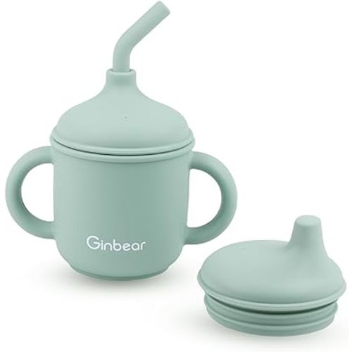 Ginbear 2-in-1 Sip-N-Straw Baby Cup, Spill Proof Non-toxic BPA Free Food Grade Silicone Training Transition Sippy Cup for Toddler 6 Months+ (Hazy Green)