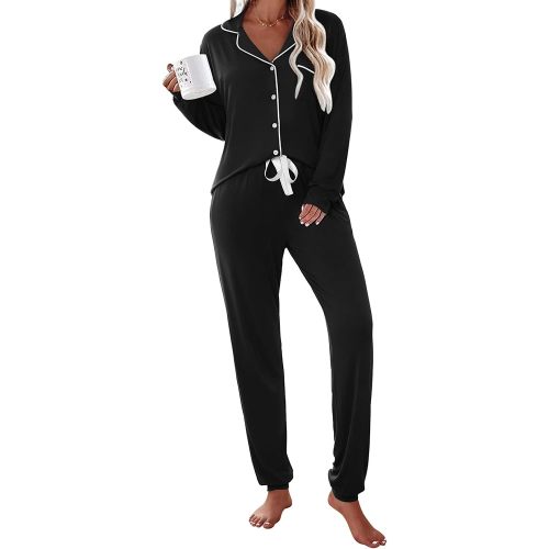 Ekouaer Pajamas Set Long Sleeve Sleepwear Womens Button Down Nightwear Soft Pj Loungewear with Pockets