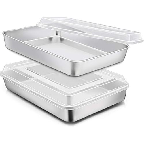 E-far Stainless Steel Baking Pan with Lid, 12⅓ x 9¾ x 2 Inch Rectangle Sheet Cake Pans with Covers Bakeware for Cakes Brownies Casseroles, Non-toxic & Healthy, Heavy Duty & Dishwasher Safe - Set of 2