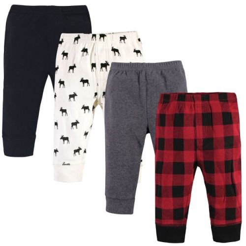 Touched by Nature Baby and Infant Boys Organic Cotton Pants 4pk, Buffalo Plaid Moose, 6-9 Months