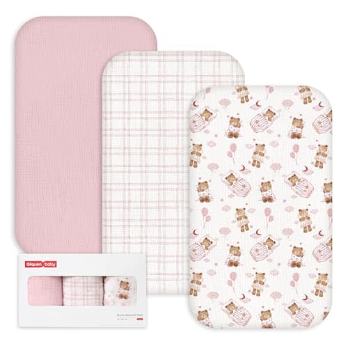 Gllquen Baby 3-Pack Muslin Cotton Bassinet Sheets, 33"x20" Fitted Crib Sheets for Bedside Sleeper & Travel Crib, Oeko-TEX Certified Soft Breathable Sheets, Easy On/Off (Bear's Dreamland)