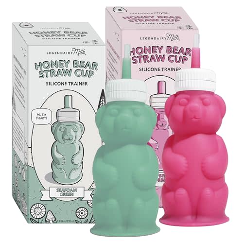Legendairy Milk Honey Bear Straw Cup Silicone for Babies (Green/Raspberry), 8 oz. Dishwasher Safe Baby Straw Cup, Food Grade Silicone, Honeybear Sippy Cup for Ages 4+ Months (Pack of 2)