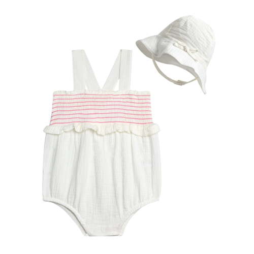 Jessica Simpson Baby Girls' Smocked Cotton Romper with Sun Hat Set, 2-Piece, Sizes 0M-24M