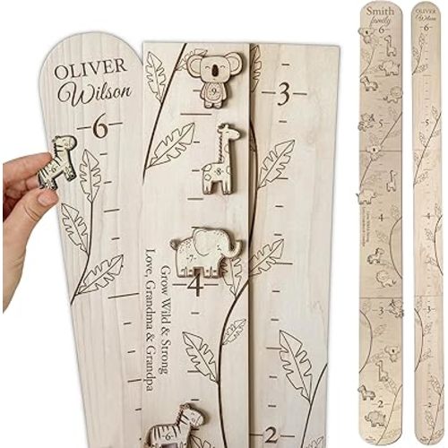Personalized Jungle Growth Chart Wood - Engraved Growing Ruler Chart for Kids, Children Measuring Height Chart Baby Boy, Large Measuring Board Wooden, Animals Growing Wall Measurement, 2 Sizes