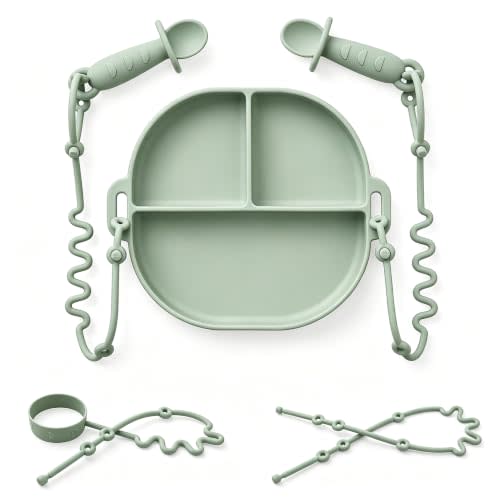 Andy Bear Silicone Plates for Babies with Suction Divided Baby Spoons Silicone Baby Toy Straps All-in-one Plates Silicone Placemat for Babies Toddlers Attachable Tethers & Built-in Suction Cups-Sage