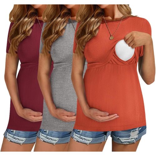 Ekouaer Womens Nursing Tops 3 Pack Short Sleeve Ribbed Breastfeeding Shirts Double Layer Maternity Shirt Pregnancy Clothes