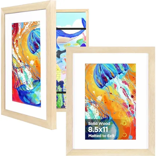 KINLINK 8.5x11 Kids Art Frame Set of 2, Solid Wood Kids Artwork Frames Changeable with Front Opening Hold 150 Pictures, Art Frames for Kids Art with Mat，without Mat 8.5x11 Picture Frame Natural