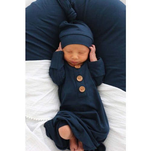 Solid Dark Navy Bamboo Baby Knot Gown & Hat