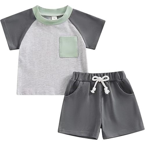 fhutpw Baby Toddler Boy Clothes Summer Outfits 6 12 18 24 Months Patchwork Short Sleeve T Shirt & Shorts Sets with Pockets