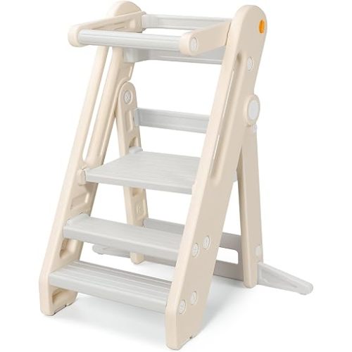 Onasti Toddler Tower Kitchen Stool Helper, Foldable & Adjustable Height Kids Learning Stool for Kitchen Counter Bathroom Sink, Child Ladder for Toddlers with Handles, Safty Rail, Non-Slip Pads-Grey