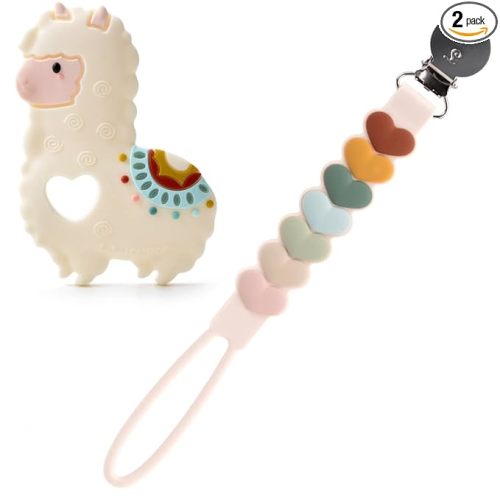 Loulou Lollipop Silicone Teether and Holder Clip Bundle Set - Llama/Sweetheart Multi