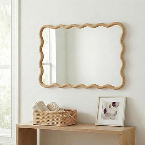 20''x30'' Wavy Mirror with Natural Wood Frame & Tempered Glass, Boho Wall Mirror for Bathroom Bedroom Living Roomm Entryway, Oak