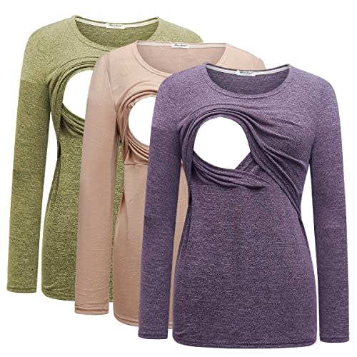 Bearsland Women's 3 Packs Maternity Clothes Long Sleeves Breastfeeding Shirts Nursing Top