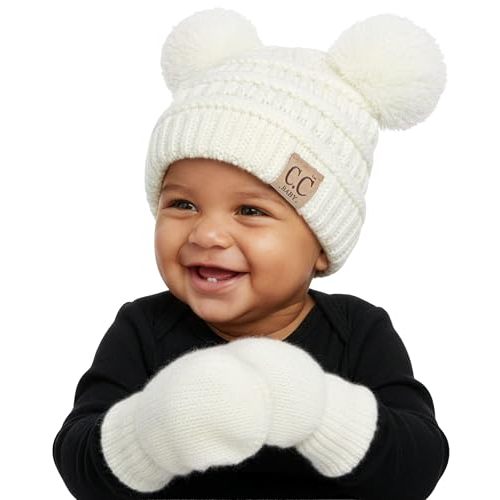 Funky Junque Baby Double Faux Fur Pom Pom Beanie & Mittens Set – Newborn Infant 0–9 Months Winter Hat with Soft Lined Mittens