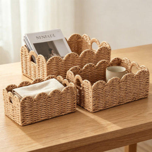 Scalloped Wicker Baskets Set of 3, Hand-Woven Paper Rope Storage Baskets with Handles, Decorative Shelf Organizers for Bathroom, Closet, Kitchen and Living Room | Wayfair