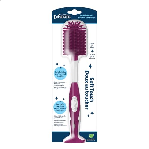 Dr. Brown's Soft Touch Baby Bottle Cleaning Brush, Pink, 1-Pack | Pink Silicone Bristle Bottle Brush w/ Nipple Cleaner, Suction Cup Base for Easy Storage, BPA-Free