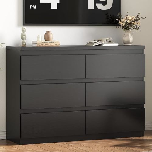Modern Black 6 Drawer Dresser - Simply Chest of Drawers for Bedroom, Closet, Living Room, Hallway, Entryway, Wood Storage Double Dresser with Smooth Metal Rails - Black
