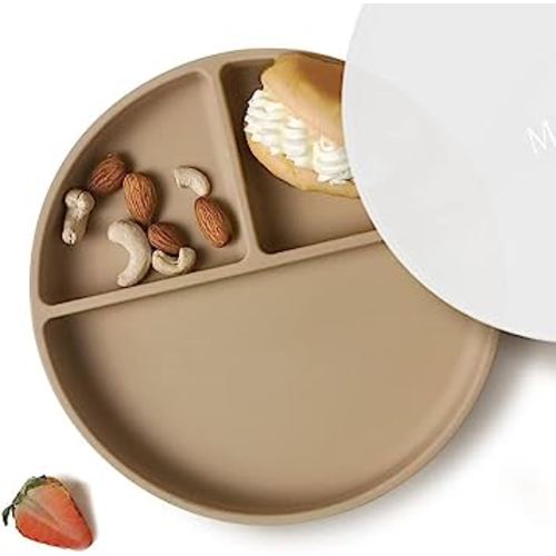 Moonkie Suction Plates for Baby with Lid | Non-Slip Divided Plates with Suction Base | BPA-Free 100% Silicone Plate for Baby & Toddler | Dishwasher & Microwave - 1 Pack