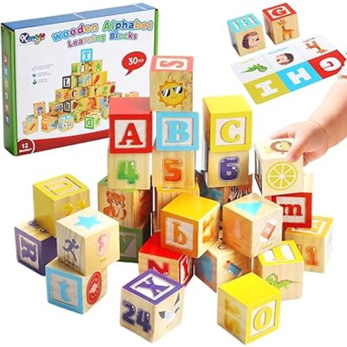 KMTJT Wooden Alphabet Blocks for Toddlers 1-3 | ABC Stacking Blocks Toys for 1 2 3 Year Old Kids | One Year Old Girl Boy 1st First Birthday Gifts | Number Building Blocks Learning Educational Toys